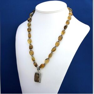 Vintage Gold Rutilated Quartz Pendant and Honey Topaz and Bali Silver Necklace